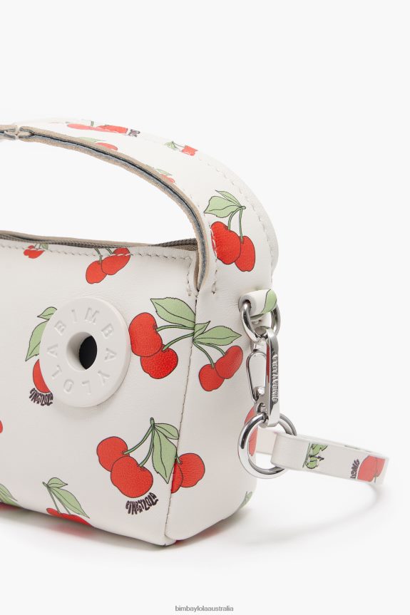 Accessories 4062VZ59 White Bimba Y Lola Cherries Print Leather Hobo Bag