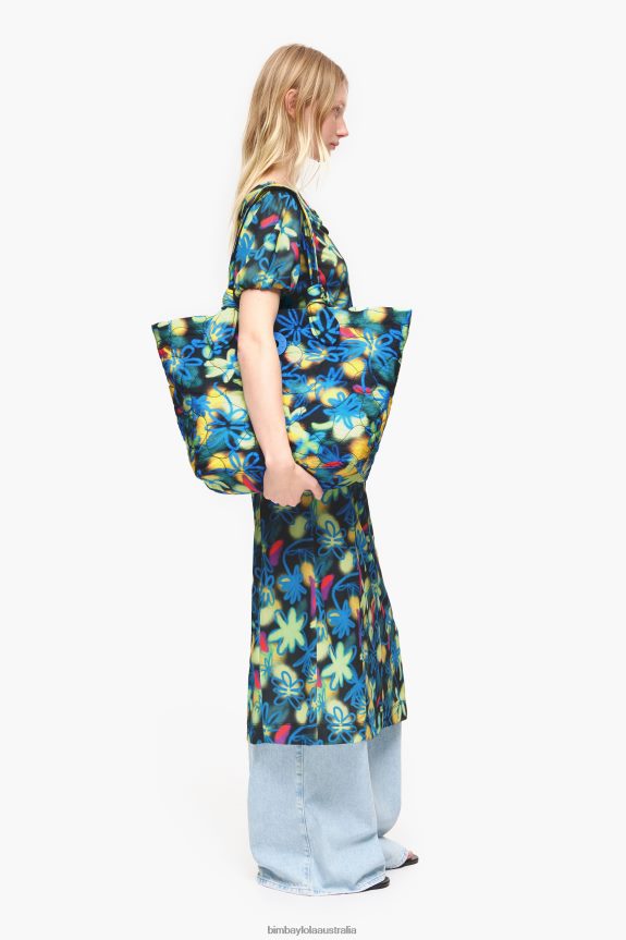 Accessories 4062VZ132 Blue Bimba Y Lola Graffiti Flowers Nylon Shopper Bag