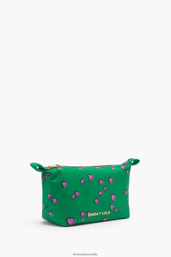 Accessories 4062VZ1079 Green Bimba Y Lola Small Trapezium Make-Up Case With Hearts Print