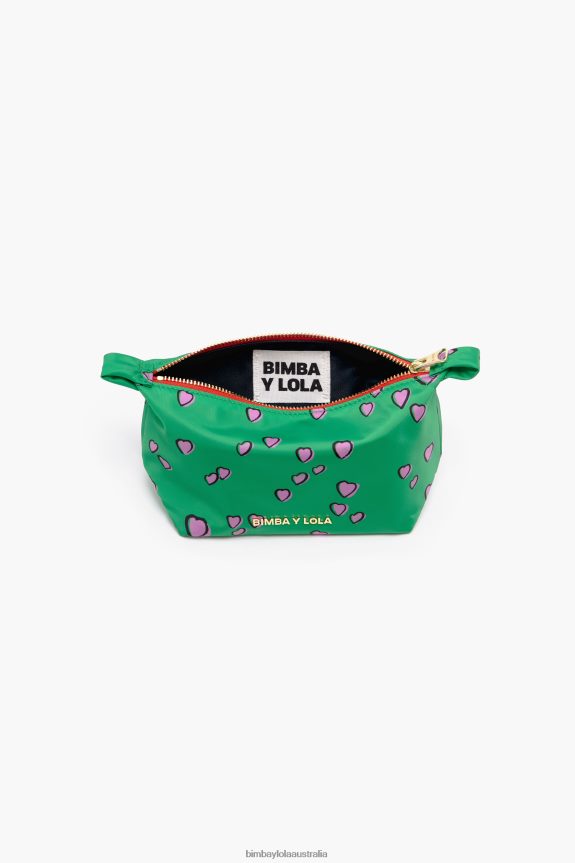 Accessories 4062VZ1079 Green Bimba Y Lola Small Trapezium Make-Up Case With Hearts Print