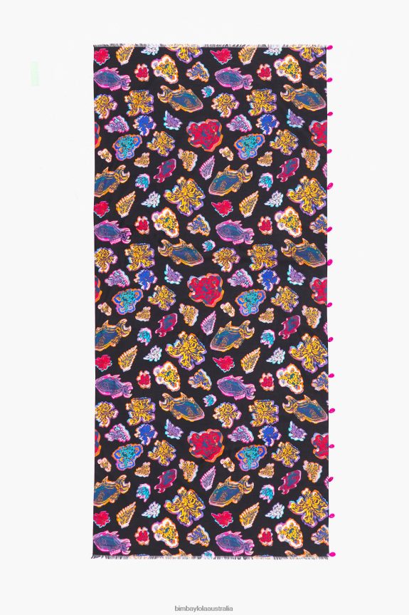 Accessories 4062VZ612 Black Bimba Y Lola Short Cotton Fish Sea Sarong