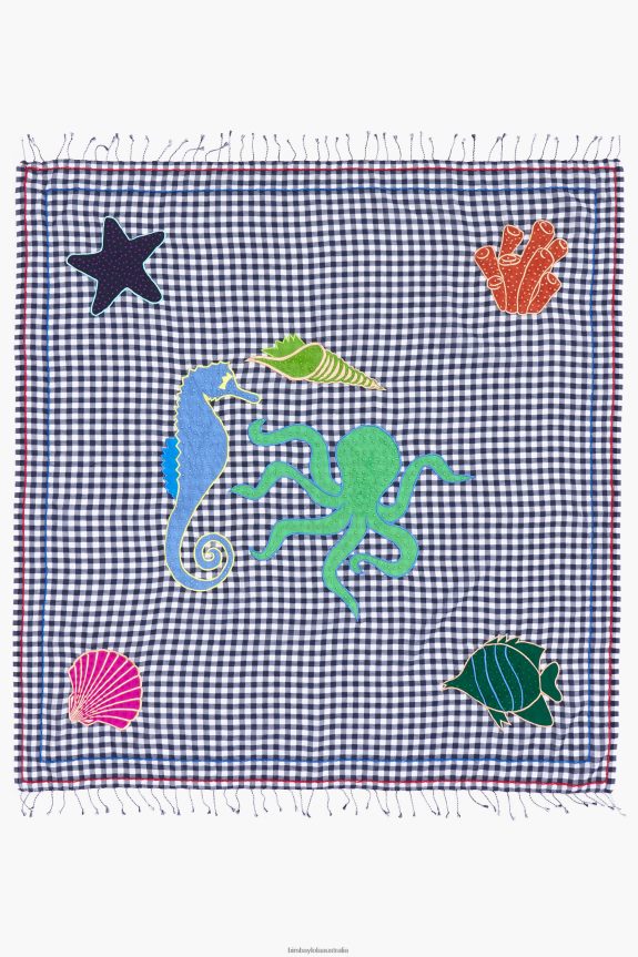 Accessories 4062VZ632 Navy Blue Bimba Y Lola Embroidered Gingham Shawl