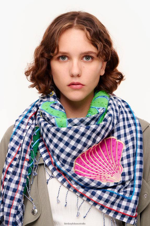 Accessories 4062VZ632 Navy Blue Bimba Y Lola Embroidered Gingham Shawl
