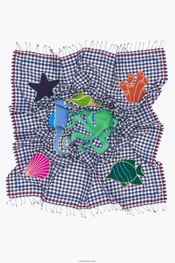 Accessories 4062VZ632 Navy Blue Bimba Y Lola Embroidered Gingham Shawl