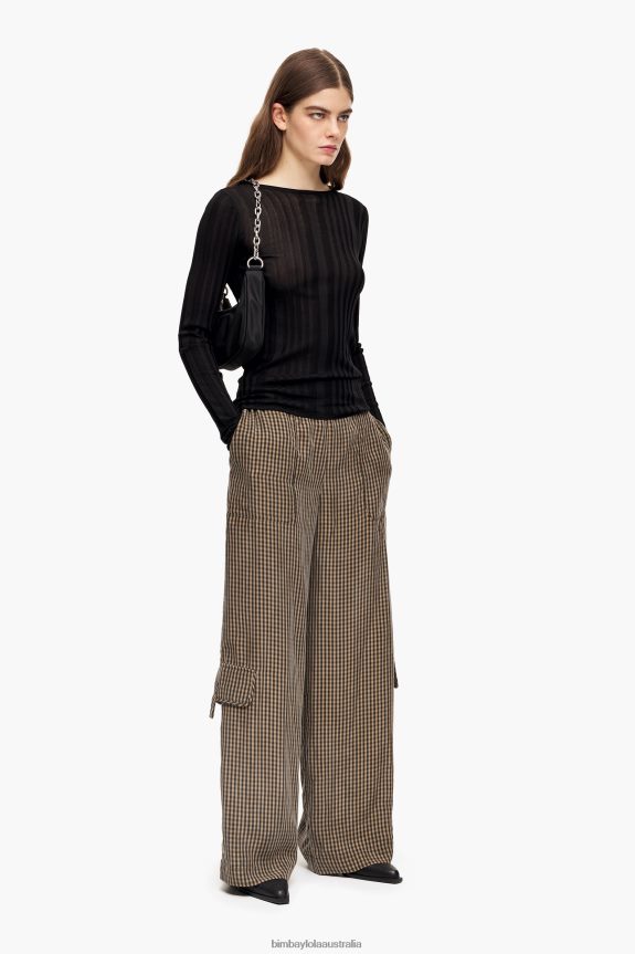 Clothing 4062VZ438 Black And Brown Bimba Y Lola Gingham Cupro Trousers