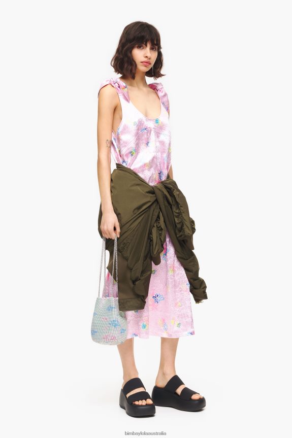 Clothing 4062VZ214 Pink Bimba Y Lola Spray Flowers Print A-Line Midi Dress