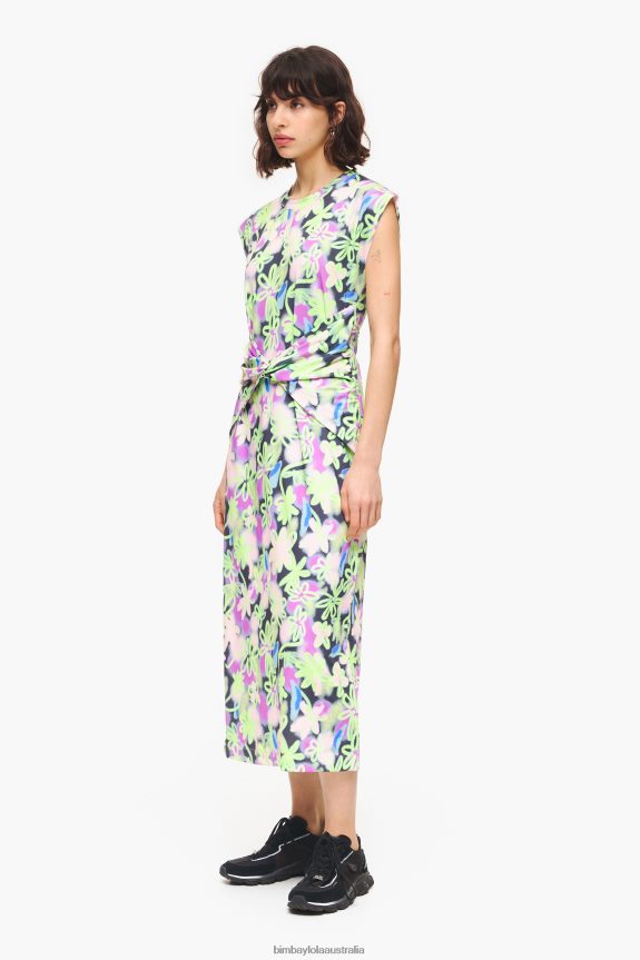 Clothing 4062VZ215 Lilac Bimba Y Lola Graffiti Flowers Print Fitted Midi Dress