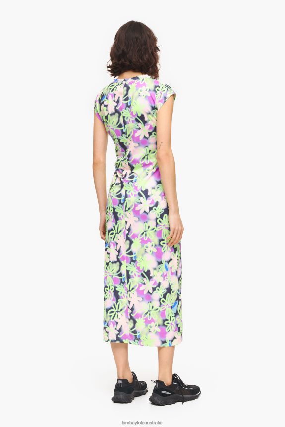 Clothing 4062VZ215 Lilac Bimba Y Lola Graffiti Flowers Print Fitted Midi Dress