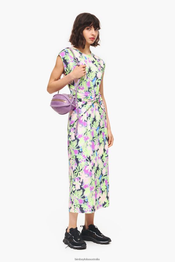 Clothing 4062VZ215 Lilac Bimba Y Lola Graffiti Flowers Print Fitted Midi Dress
