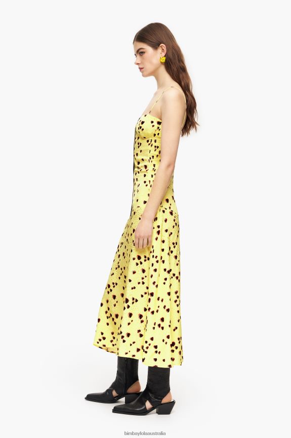 Clothing 4062VZ223 Yellow Bimba Y Lola Small Hearts Print Midi Slip Dress