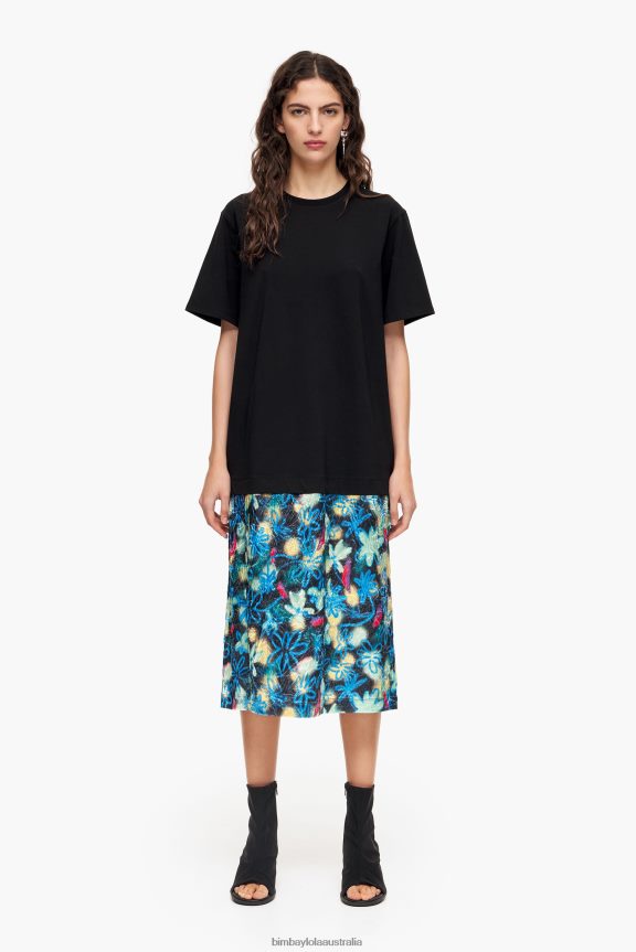 Clothing 4062VZ235 Blue Bimba Y Lola Graffiti Flowers Print Midi T-Shirt Dress