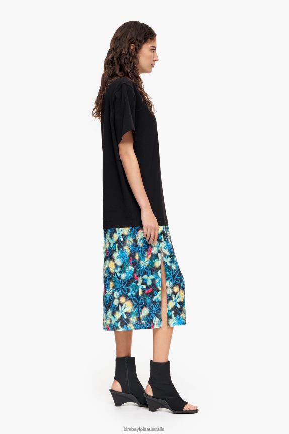 Clothing 4062VZ235 Blue Bimba Y Lola Graffiti Flowers Print Midi T-Shirt Dress