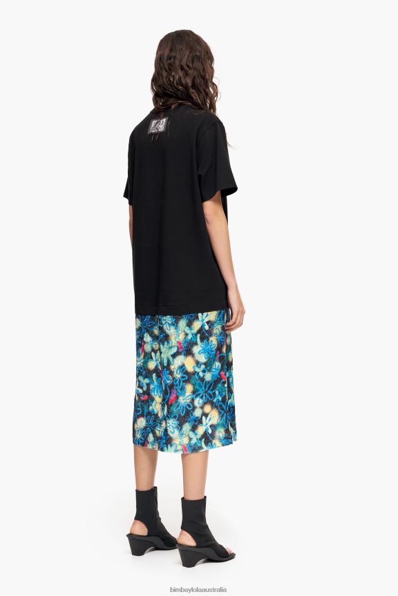 Clothing 4062VZ235 Blue Bimba Y Lola Graffiti Flowers Print Midi T-Shirt Dress