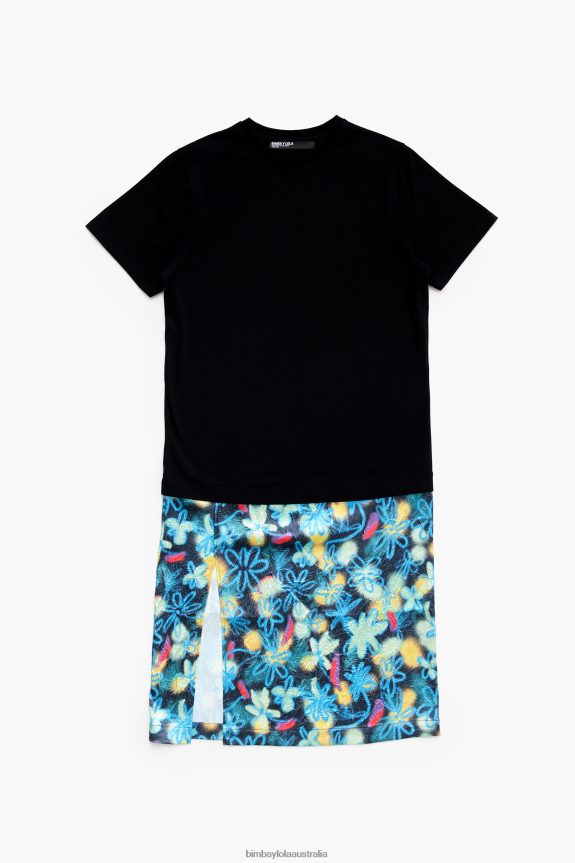 Clothing 4062VZ235 Blue Bimba Y Lola Graffiti Flowers Print Midi T-Shirt Dress