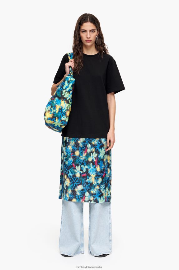 Clothing 4062VZ235 Blue Bimba Y Lola Graffiti Flowers Print Midi T-Shirt Dress