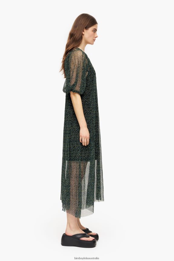 Clothing 4062VZ236 Green Bimba Y Lola Romantic Flowers Print Midi Dress
