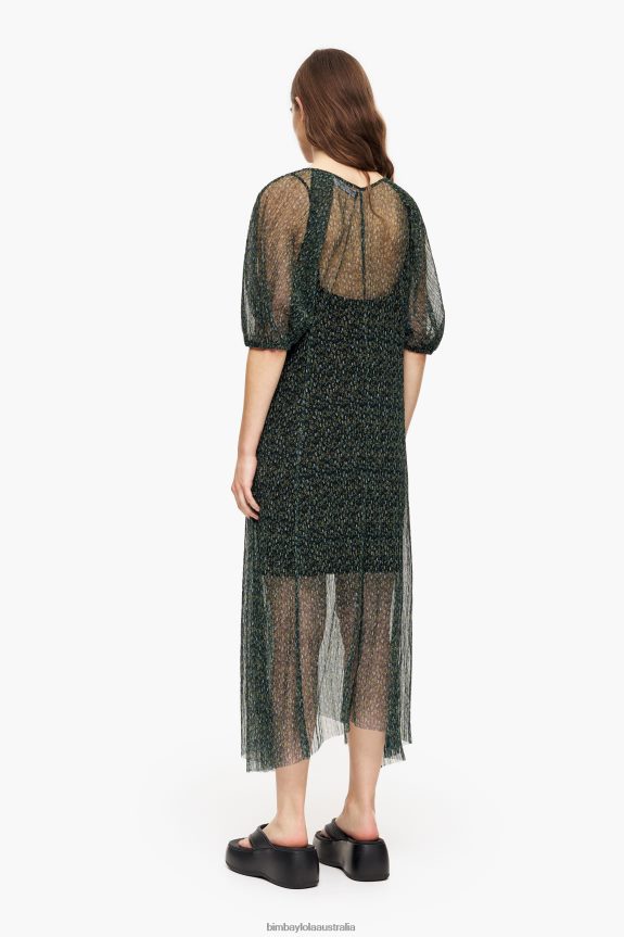 Clothing 4062VZ236 Green Bimba Y Lola Romantic Flowers Print Midi Dress