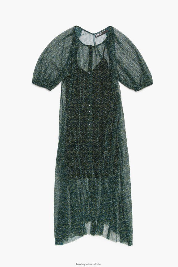 Clothing 4062VZ236 Green Bimba Y Lola Romantic Flowers Print Midi Dress
