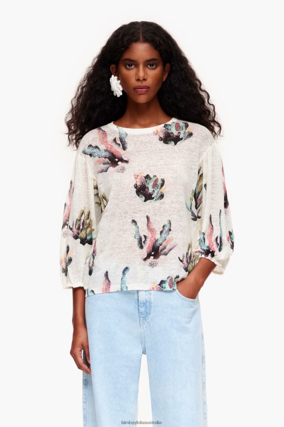 Clothing 4062VZ353 Ivory Bimba Y Lola Coral Print Linen Sweater