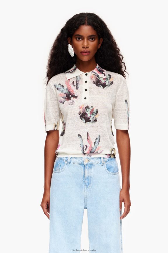 Clothing 4062VZ354 Ivory Bimba Y Lola Coral Print Knit Polo Shirt
