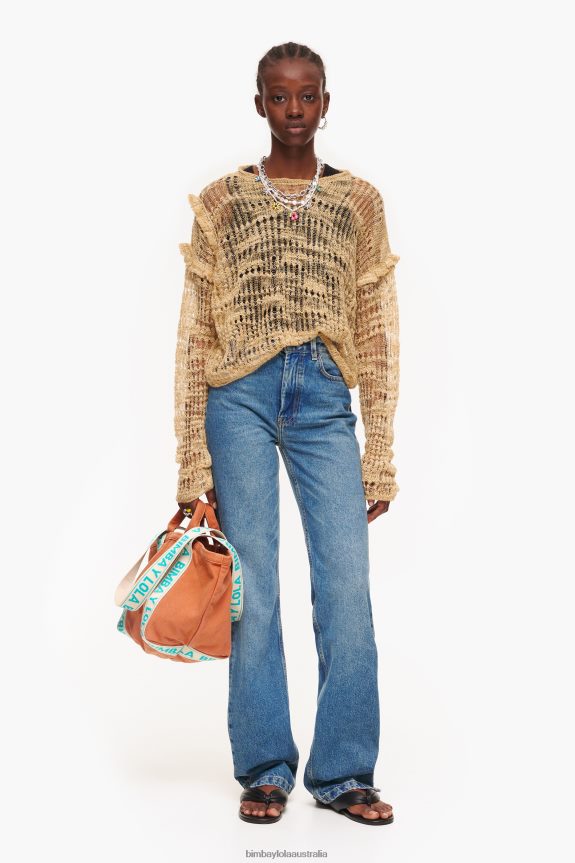 Clothing 4062VZ362 Camel Bimba Y Lola Open-Knit Linen Sweater