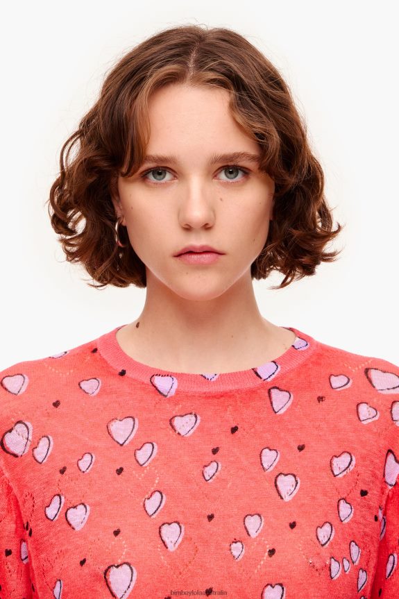 Clothing 4062VZ367 Red Bimba Y Lola Small Heart Print Linen Sweater