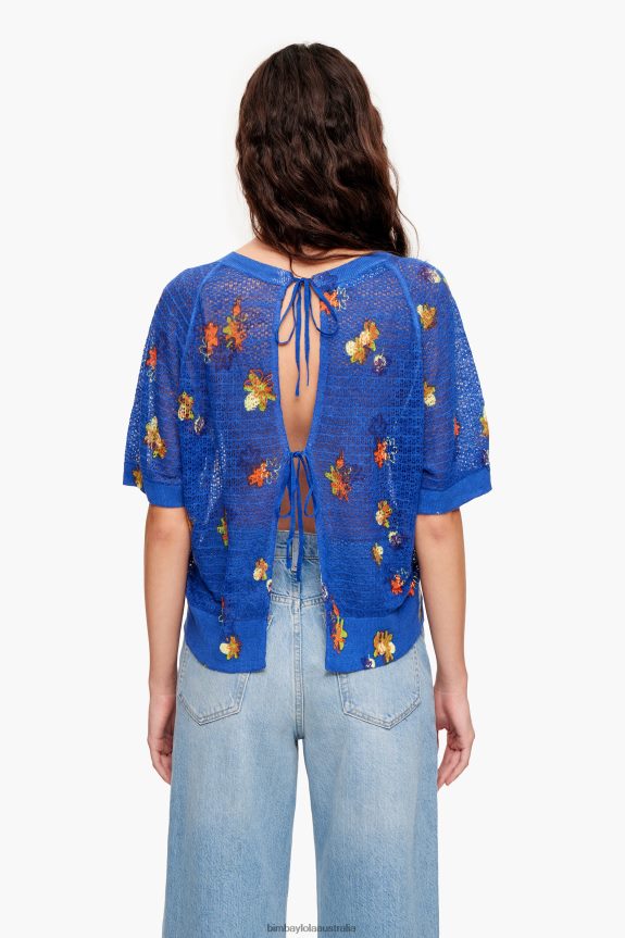 Clothing 4062VZ390 Blue Bimba Y Lola Spray Flowers Print Linen Sweater