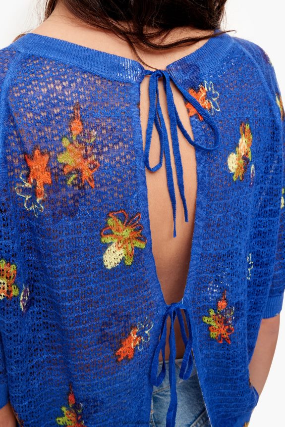 Clothing 4062VZ390 Blue Bimba Y Lola Spray Flowers Print Linen Sweater