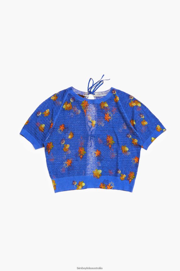 Clothing 4062VZ390 Blue Bimba Y Lola Spray Flowers Print Linen Sweater