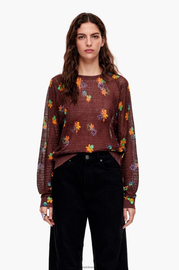 Clothing 4062VZ392 Brown Bimba Y Lola Spray Flowers Print Linen Sweater