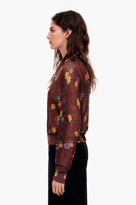 Clothing 4062VZ392 Brown Bimba Y Lola Spray Flowers Print Linen Sweater