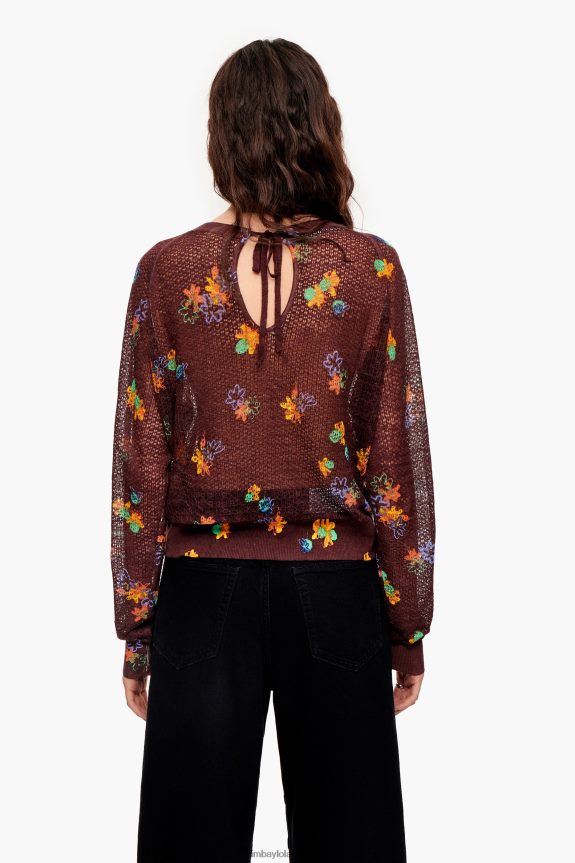 Clothing 4062VZ392 Brown Bimba Y Lola Spray Flowers Print Linen Sweater