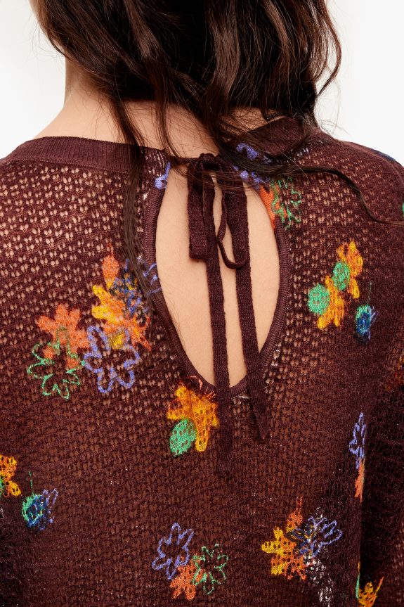 Clothing 4062VZ392 Brown Bimba Y Lola Spray Flowers Print Linen Sweater