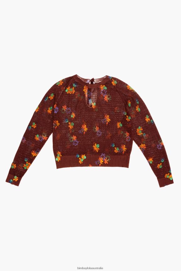 Clothing 4062VZ392 Brown Bimba Y Lola Spray Flowers Print Linen Sweater
