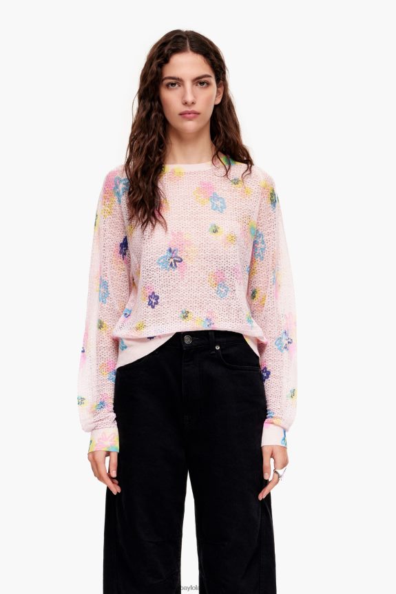 Clothing 4062VZ393 Pink Bimba Y Lola Spray Flowers Print Linen Sweater