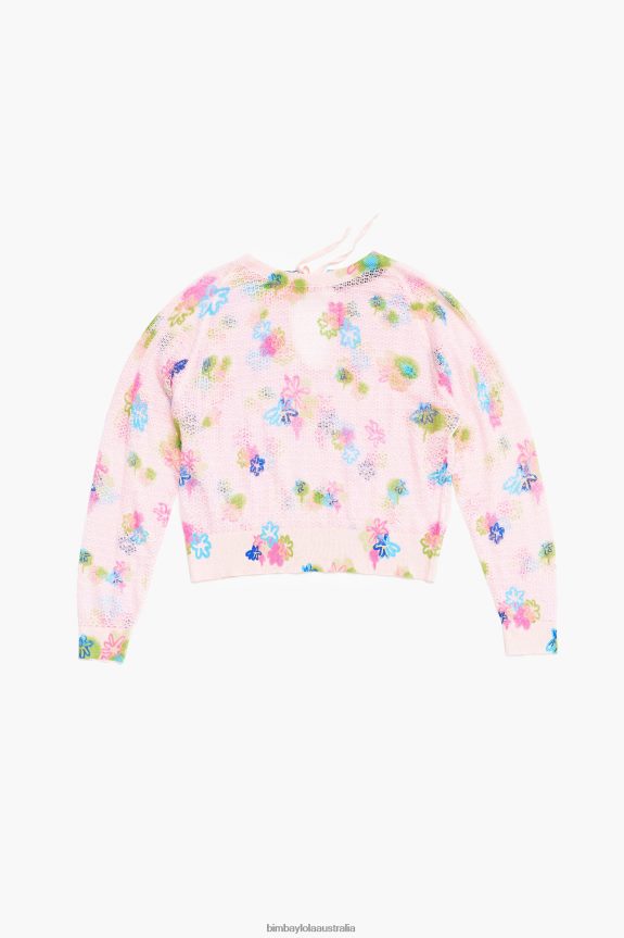Clothing 4062VZ393 Pink Bimba Y Lola Spray Flowers Print Linen Sweater