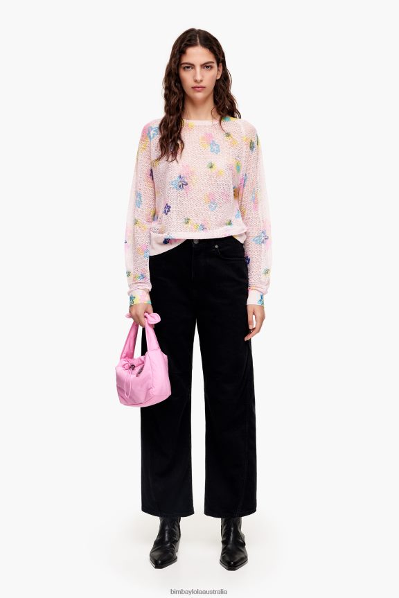 Clothing 4062VZ393 Pink Bimba Y Lola Spray Flowers Print Linen Sweater