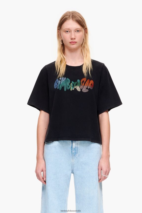 Clothing 4062VZ280 Washed Black Bimba Y Lola Cotton Hot Fix Logo T-Shirt