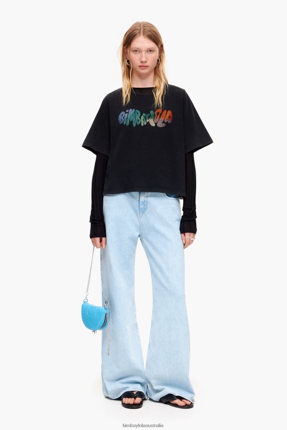 Clothing 4062VZ280 Washed Black Bimba Y Lola Cotton Hot Fix Logo T-Shirt